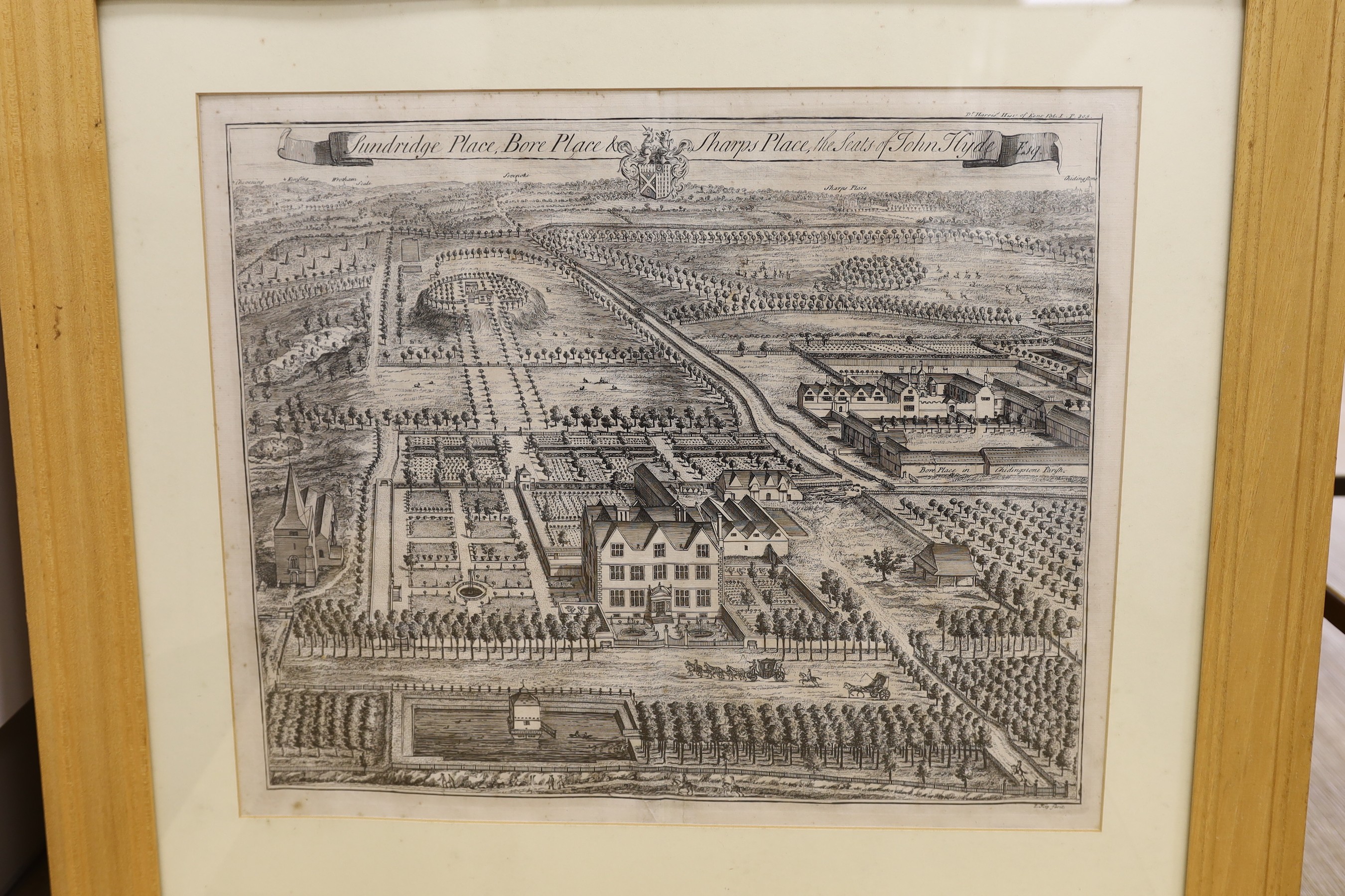 Johannes Kip (1653-1722), six engravings, Views of Country Estates; Penshurst, Tunbridge Wells, Goodneston, Chevening, Sundridge Place .. and High Street House, 36 x 44cm, another similar engraving and two Redoute reprin